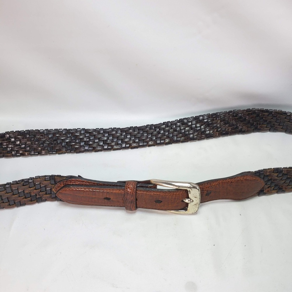 Brighton Woven Belt 36 Brown Black Lizard Embossed Leather P4100 Silver Buckle